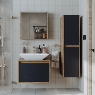 Roomart Badmöbel Set ATLANTIC 4-teilig, 65cm Unterschrank mit Keramikwaschbecken • Spiegelschrank • Hochschrank