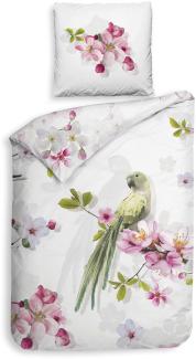 Heckett & Lane Mako-Satin Eco Bettwäsche 135x200 Macy Papagei Blüte Knospen grün pink