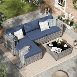 Amopatio 5tlg. Rattan Gartenmöbel Set mit 3er Sofa Kissen & Glastisch