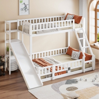 TavilaEcon Etagenbett Kinderbett Jugendbett mit Sicherheitsgeländer, Rutsche, Treppe (Ohne Matratze), mehreren Regalen und ausziehbarer Kleintür, 90x200 cm/140x200 cm