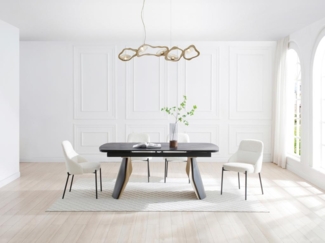 Vente-unique - Esstisch ausziehbar - 6 bis 10 Personen - Keramik, Sicherheitsglas & Metall - Marmor-Optik Schwarz & Goldfarben - ZINORIA von Maison Céphy