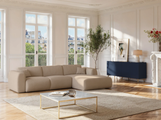 Vente-unique - Großes Ecksofa - Ecke rechts - Samt-Stoff - Beige - POGNI von Maison Céphy