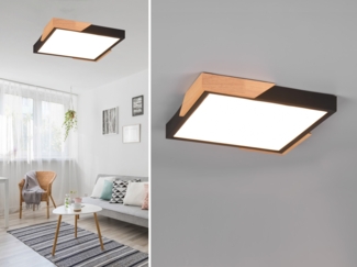LED Deckenleuchte META eckig Schwarz mit Holz, 3 Stufen Dimmer, Quadrat 31cm