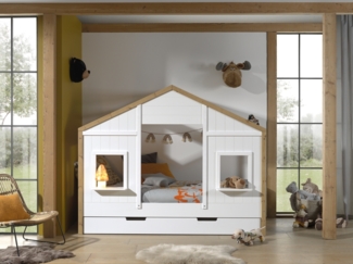 Hausbett >BABS< inkl. Lattenrost, teilmassiv eichfarbig / weiss - 210x170x97cm (BxHxT)