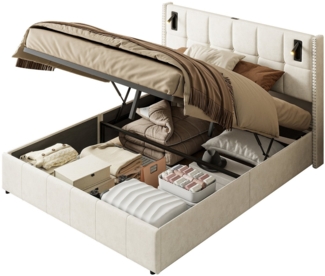 FUROKOY Polsterbett Doppelbett Stauraumbett Hydraulisch anhebbarer mit Lesen von Licht, 160x200 cm,Gepolstert,Samtmaterial,Beige,mit USB+Type C-Schnittstellen