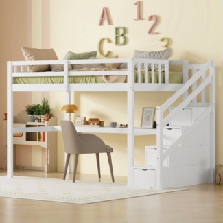 Odikalo Kinderbett Hochbett Stauraum Treppen Schubladen Unter Schreibtisch Weiß 90x200cm