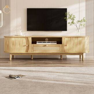 TV-Schrank, MDF mit Rattan-Schubladen & Schiebetüren, 165x37x46 cm, Natur