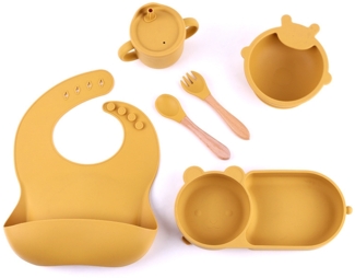 Mangofarbenes 6-teiliges Silikon-Essgeschirr-Set für Kinder, bestehend aus Babynahrungsschale, Teller, Strohhalm und Becher.