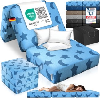 KESSER® Klappmatratze Gästematratze 3-fach Faltmatratze faltbar zum Sitzhocker | Schaumstoff 25kg/m³ extra dick 15cm atmungsaktiv waschbar abnehmbarer Bezug | Matratze inkl. Camping Tragetasche Blau, 75 x 195 x 15 cm