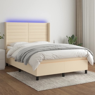 vidaXL Boxspringbett mit Matratze & LED Creme 140x190 cm Stoff 3138394