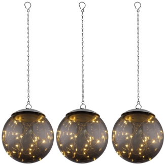 3er Set LED Solar Hängelampe, rauch, Lichterkette, D 15 cm