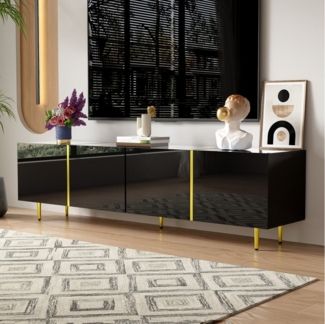 HAUSS SPOLE Lowboard Schwarzes Hochglanz mit 4 Türen, modern und schlicht Schwarz-Gold (Fernsehtisch,TV-Ständer in Schwarz-Gold-Farbkombination, 1 St, mit 4 Türen), mit Hochglanz-Oberfläche, Soft-Close-Scharniere