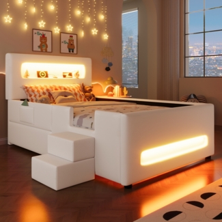 Merax Polsterbett Einzelbett 90x200cm mit Led, Kinderbett mit Schublade und zweistufiger Treppe, Kinderbett mit Rausfallschutz, PU, Weiß