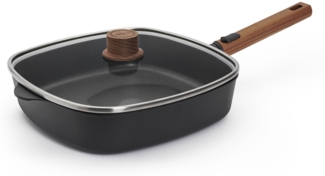 WOLL Viereckpfanne Hochrand PFAS‑frei 28 x 6,5 x 28 cm Aluminium mit Glasdeckel und Holzgriff alle Herdarten inkl. Induktion ofenfest bis 300 °C & spülmaschinenfest