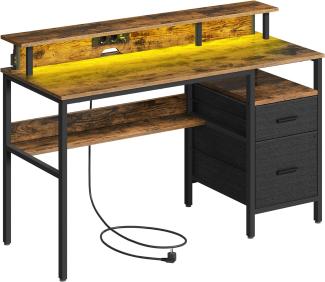 Vasagle Schreibtisch mit Schubladen, Computertisch mit Monitorständer, LED-Beleuchtung, 55 x 135 x 90 cm, eingebaute Steckdosen, 2 USB-Anschlüsse, für Homeoffice, vintagebraun LWDDE094K02