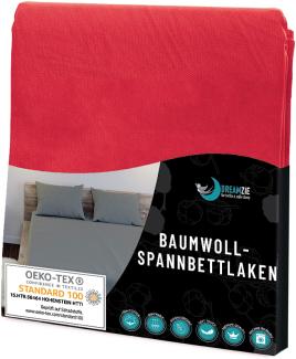 Jersey Baumwoll-Spannbettlaken Rot - Für Matratze 135 x 190 x 22 cm - Zertifiziert frei von chemischen Produkten (Oeko TEX), Spannbettlaken mit vollem Gummizug