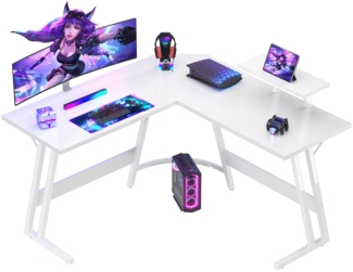 Devoko Gaming Tisch L Form mit Monitorständer, Eckschreibtisch für Gamer, Gaming Schreibtisch L Form, Groß Pc Computertisch, Kohlefaser Weiß, 120x120 cm
