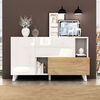 Merax Hochglänzendes weißes original holzfarbenes Sideboard mit Stauraum, Ess-Sideboard mit Stauraum, moderner Wohnzimmerschrank