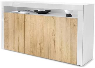 Vladon Sideboard Valencia, Kommode mit 3 Türen und 1 offenem Fach, Weiß matt/Eiche Natur/Weiß Hochglanz (155 x 92 x 40 cm)