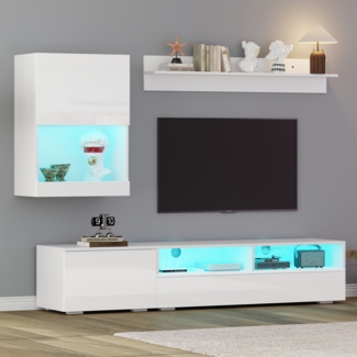 TV-Wohnwand-Set, Komplettset mit Vitrine (3-teilig), Mediawand inkl. TV-Board, Standregal, Wandregal, LED und Hochglanz, stehend & hängend, für TV bis 80", MDF, Weiß, 175×39×34 cm