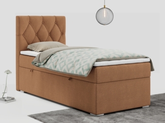 Boxspringbett ALDA, Einzelbett mit gestepptem Kopfteil und einem Bettkasten, 90x200 - Orange Stoff - links - H4