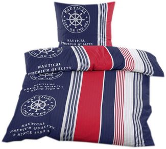 Casa Colori Bettwäsche Seersucker Garnitur 135x200 Reißverschluss in Blau Rot Weiß gestreift, Seersucker, 2 teilig, luftig leichte Sommerbettwäsche