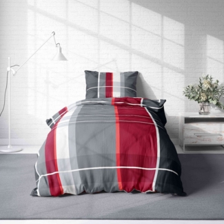 One Home Bettwäsche Winter, Flanell, 4 teilig, kariert gestreift, kuschelig flauschig warme weiche Baumwolle Biber