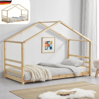 DELUKE® Kinderbett KLIO - mit Lattenrost Kiefernholz Haus-Optik Einzelbett aus Holz Hausbett Kinderzimmer Bodenbett Montessori Bett Braun 90x200 cm