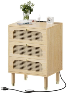 VINGLI Nachttisch Rattan mit Ladenfunktion, Beistelltisch mit 3 Schubladen, moderne Kommode aus MDF, für Wohnzimmer, Schlafzimmer, 40 x 35 x 60.5 cm