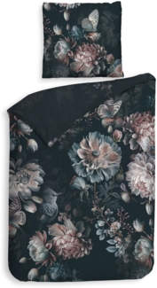 Heckett & Lane Satin Bettwäsche 155x220 Milos dark blue Blüten Vögel Schmetterling blau rosa