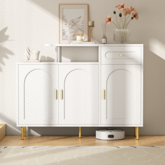 Merax Kommode/Sideboard/Schuhschrank mit Metallgriffen, 1 Schublade und 3 Türen, auf Metallfüßen, Weiß. Maße: B120 × H92 × T35 cm