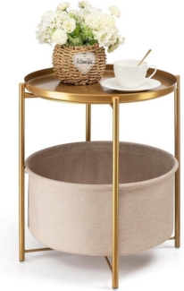 LuxusKollektion Beistelltisch Runder Beistelltisch mit Stoffkorb in Gold, abnehmbares Tablett