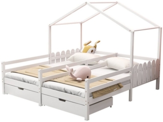 Merax Hausbett 90x200 cm mit zwei Liegefläche und Schubladen, Hausbett mit Rausfallschutz und Lattenrost, Doppelbett, Jugendbett
