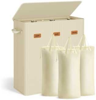 SONGMICS Wäschekorb mit 3 Fächern, 160 L, mit Deckel, 5 Etiketten, herausnehmbarer und waschbarer Innensack, Waschküche Schlafzimmer, cremeweiß