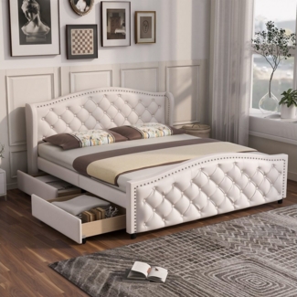 KLAM HOME Polsterbett Bett mit Lattenrost 2 Schubladen Kopfteil mit Zugpunktnieten, Holz & Kunstleder Jugendbett Gästebett 140/160/180 x 200 cm