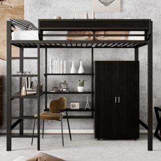 Merax 90x200cm Eisenbett, Etagenbett, Mit Tisch und Kleiderschrank, Reichlich Ablagefächer, Mit 5-stufiger Leiter, Schwarz