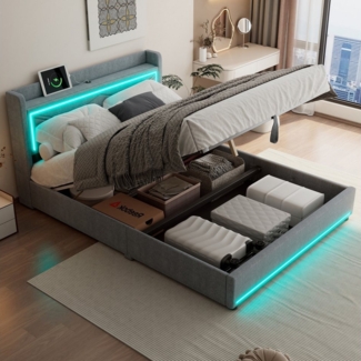 STILVORA Polsterbett 160×200 mit bettkaten,Funktionsbett mit USB und LED,ohne matratze (Bett kann angehoben und abgesenkt werden, USB-Anschluss am Kopfende des Bettes, großer Stauraum), ohne Matratze
