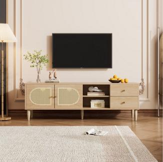 MODFU Lowboard TV-Board Fernsehtisch (Rattan-TV-Schrank, 1 St, 2 Rattantüren, 2 Schubladen), mit Höhenverstellbarem Regal und Kabelmanagement,150x40x50cm