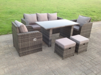 Fimous Polyrattan Gartenmöbel Set Einstellbarer Stuhl Lounge 3 Sitzer Sofa Oblong Rechteckige Dining Black Glass Table 2 Hocker