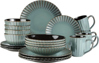 Geschirr Set für 4 Personen im modernen Vintage Look, 20-teiliges Kombiservice aus Keramik in Petrol mit schwarzen Akzenten