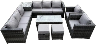 Fimous 10-Sitzer Rattan Ecksofa Set mit quadratischem Beistelltisch und länglichem rechteckigem Couch Tee Tisch 2-teiliger Armstuhl 2-Hocker Dunkelgrau gemischt