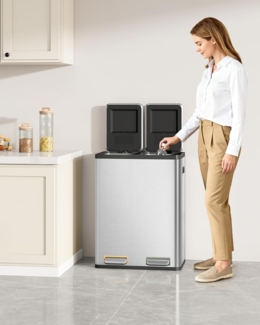 Mülleimer Küche, Mülltrennsystem 2 Fächer 60L (2 x 30 L), Edelstahl-küchenmülleimer mit farbcodiertem Pedal, Abfalleimer Ruhiger Langsamer Abstieg, inklusive 15 Müllbeuteln, Silber