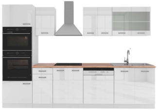 Küchenzeile R-Line Weiß Hochglanz/Weiß 300 cm mit Hochschrank, AP Eiche Vicco