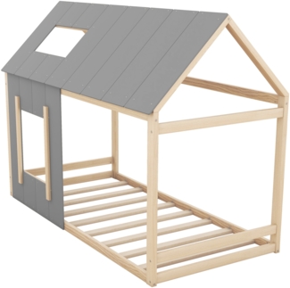 Merax 90 x 200 Kinderbett, Kinderbett in Hausform, Einzelhaus-Flachbett mit Dach und Fenster, Natur + Grau