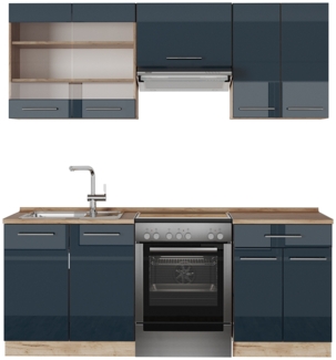 Küchenzeile Fame-Line Dunkelblau Hochglanz/Goldkraft Eiche 200 cm , AP Eiche Vicco