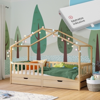 Bellabino 'Bia' Hausbett 90x200 cm mit Matratze und 2 Schubladen, natur, Kiefer Massivholz, Montessori Kinderbett mit Stauraum, inkl. Rausfallschutz und Lattenrost