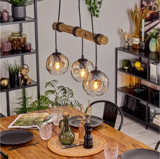 hofstein Pendelleuchte Hängelampe aus Metall/Holz/Glas in Schwarz/Natur/Bernsteinfarben/Klar, ohne Leuchtmittel, Hängeleuchte im Retro/Boho Design mit Glasschirmen und Holzbalken, E27
