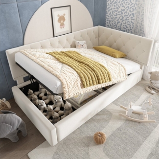 Ulife Polsterbett Einzelbett Kinderbett Daybett Schlafsofa mit hydraulischem Stauraum (Ohne Matratze), Jugendbett Bettgestell mit Lattenrost aus Holz, Samt