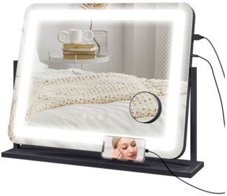 HOMCOM Schminkspiegel Spiegel mit Beleuchtung (Kosmetikspiegel mit LED Licht, 3 Lichtfarben, 1-St, mit USB-Ladeanschluss), Touchschalter, 360° drehbar, Schwarz
