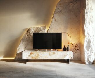 Lowboard Cuor 150 cm Keramik Minas Melange Weiß-Beige 1 Klappe 1 Schubfach Fuß Schwebeoptik Edelstahl